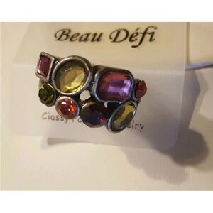 BEAU DEFI multi color crystal gemstone gunmetal ring new
